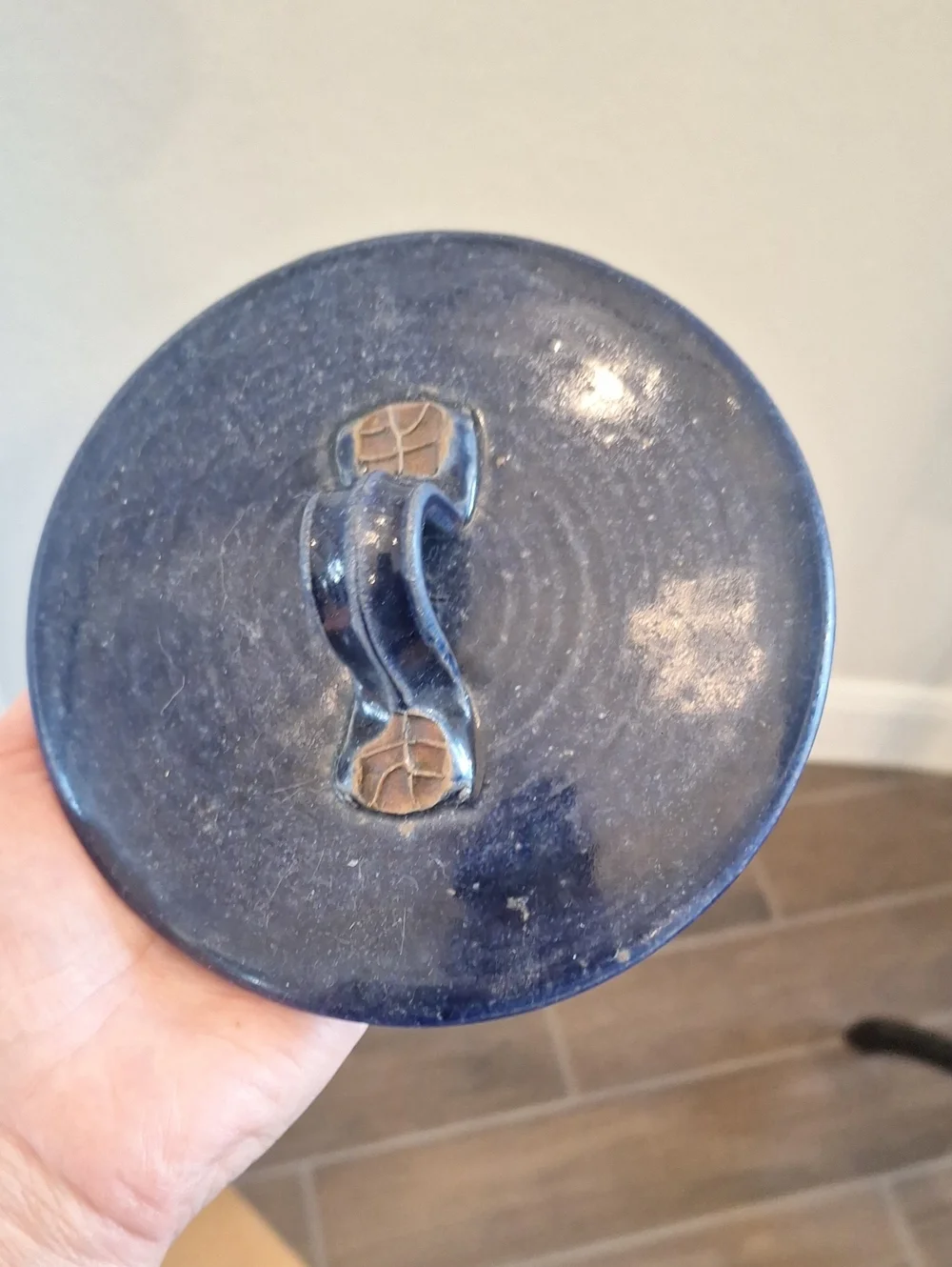 Keramos Signed Stoneware Tortilla Warmer Covered Dish Blue Brown Earthenware